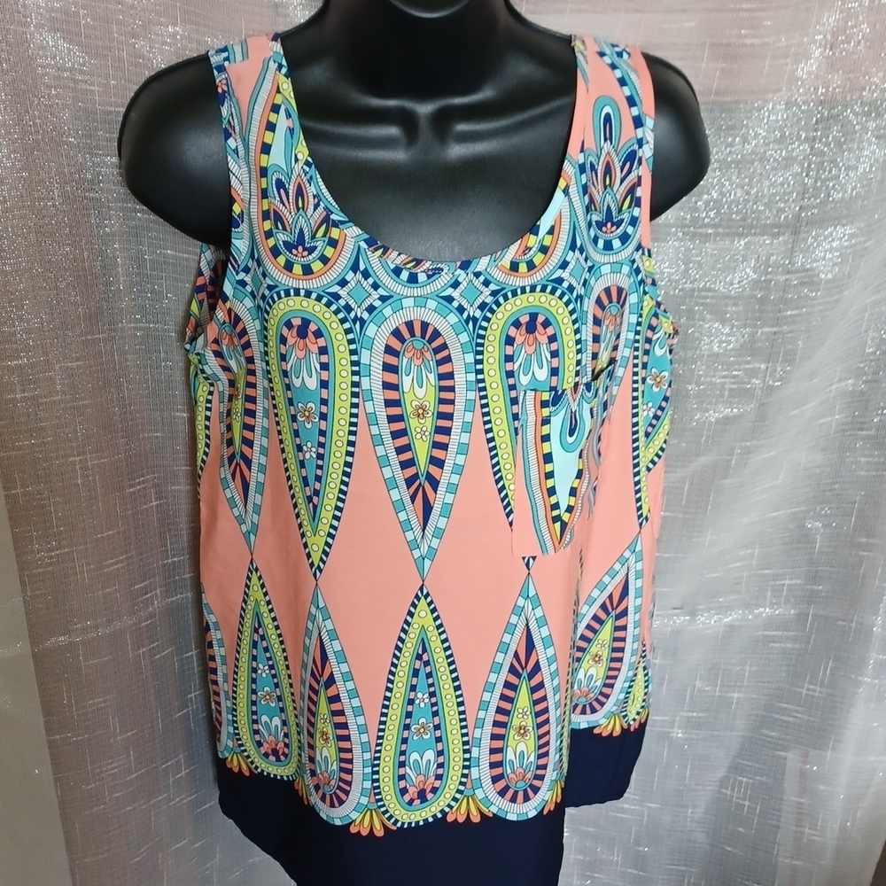 Pink Owl tank top, Peach & Navy, front pocket, cool back detail, S